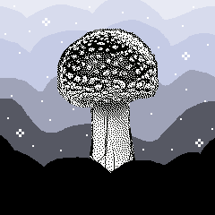 Dithered mushroom sitting in clouds.