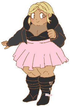 A blonde, tan girl wearing a black jacket and pink skirt.