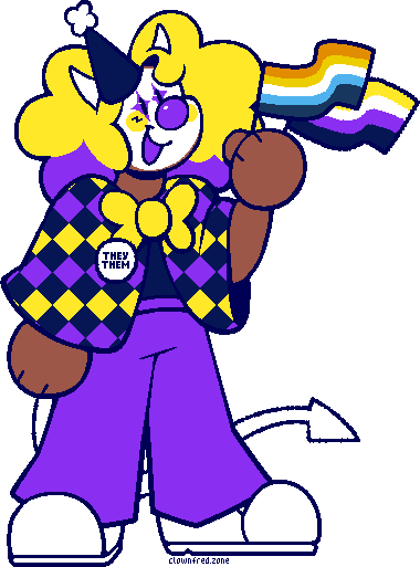 Clown holding asexual and nonbinary pride flags.